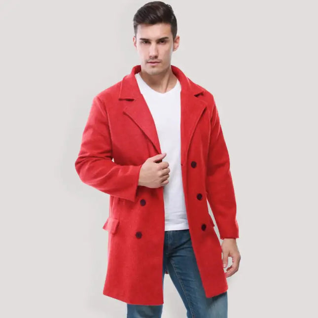 Fashion Double Breasted Business Casual Mid Length Men's Lapel Classic Woolen Trench Coat