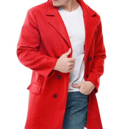 Fashion Double Breasted Business Casual Mid Length Men's Lapel Classic Woolen Trench Coat