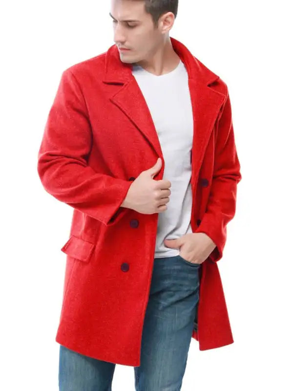 Fashion Double Breasted Business Casual Mid Length Men's Lapel Classic Woolen Trench Coat