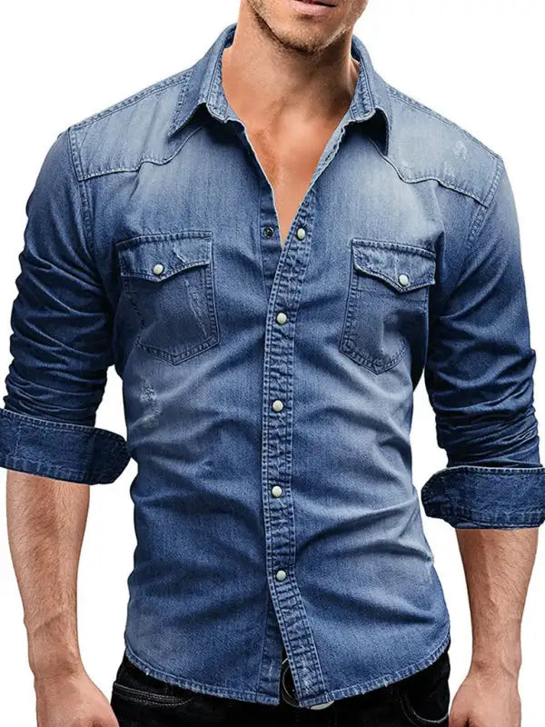 Casual Men's Double Pocket Men's Casual Long Sleeve Denim Shirt Jacket