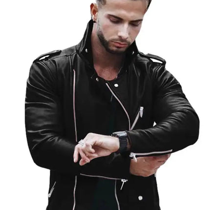 European And American Men's Turtleneck Leather Jacket Plus Size Slim Motorcycle Leather Jacket