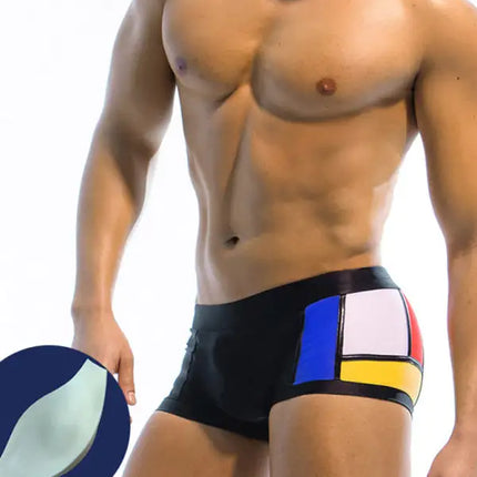 Bañador tipo bóxer con copa y cinturón sexy con retazos multicolores para hombre 