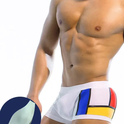 Bañador tipo bóxer con copa y cinturón sexy con retazos multicolores para hombre 