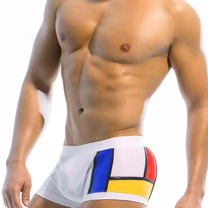 Bañador tipo bóxer con copa y cinturón sexy con retazos multicolores para hombre 