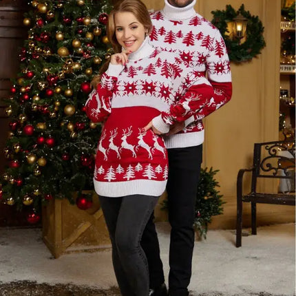 High Neck Christmas Theme Jacquard Couple Long Sleeve Sweater