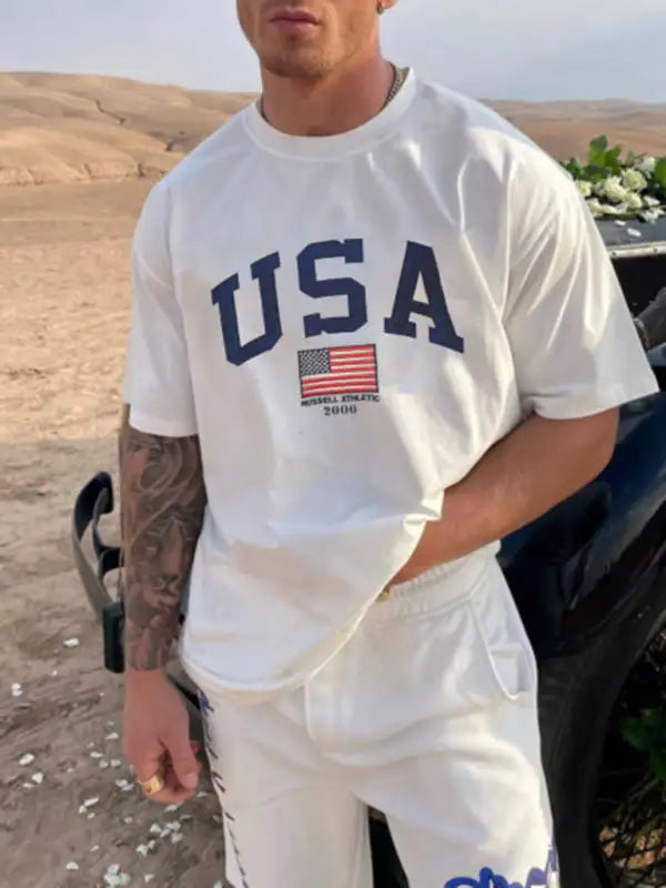 Men's American Flag Graphic Print Short Sleeve T-shirt