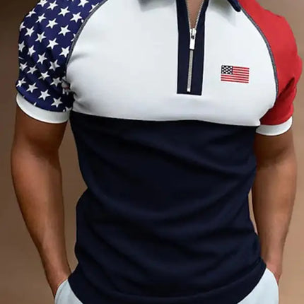 Men's Flag Print Short Sleeve Textured Zip Polo