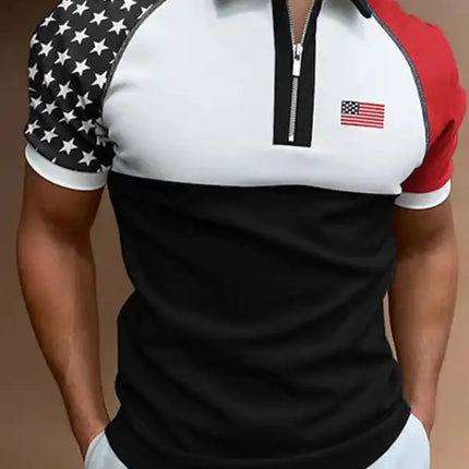 Men's Flag Print Short Sleeve Textured Zip Polo