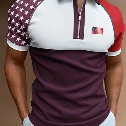 Men's Flag Print Short Sleeve Textured Zip Polo