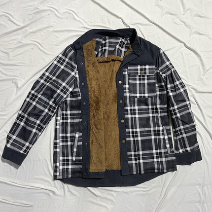 Men's thickened corduroy and velvet long-sleeved plaid patchwork jacket