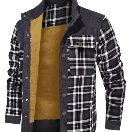 Men's thickened corduroy and velvet long-sleeved plaid patchwork jacket