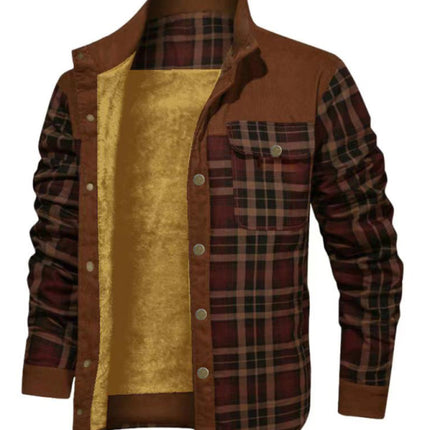 Men's thickened corduroy and velvet long-sleeved plaid patchwork jacket