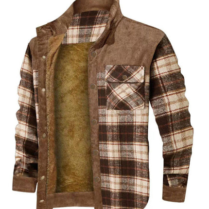 Men's thickened corduroy and velvet long-sleeved plaid patchwork jacket