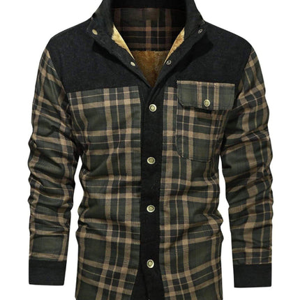 Men's thickened corduroy and velvet long-sleeved plaid patchwork jacket