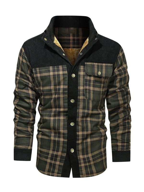 Men's thickened corduroy and velvet long-sleeved plaid patchwork jacket
