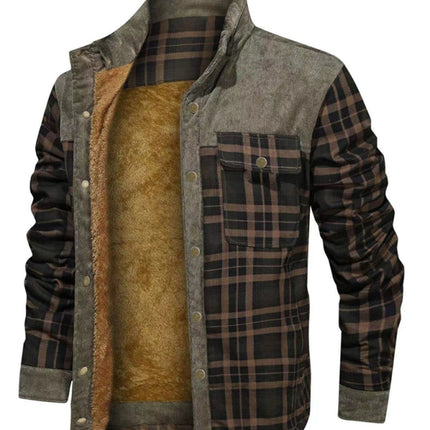 Men's thickened corduroy and velvet long-sleeved plaid patchwork jacket