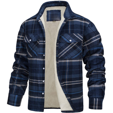 Men's thickened corduroy and velvet long-sleeved plaid patchwork jacket