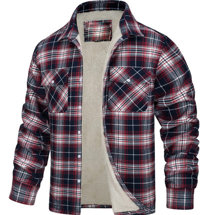 Men's thickened corduroy and velvet long-sleeved plaid patchwork jacket