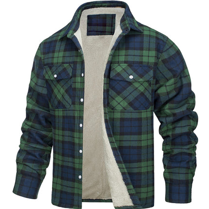 Men's thickened corduroy and velvet long-sleeved plaid patchwork jacket