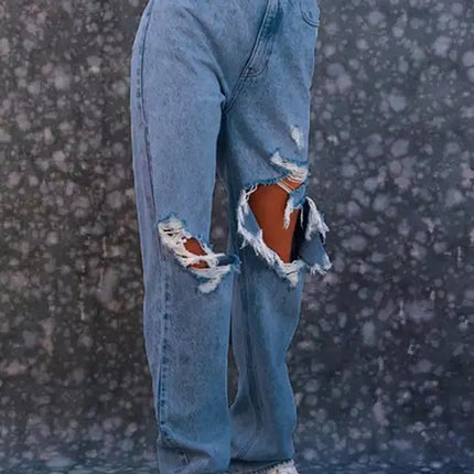 Vaqueros de pierna recta rasgados con personalidad suelta para mujer 