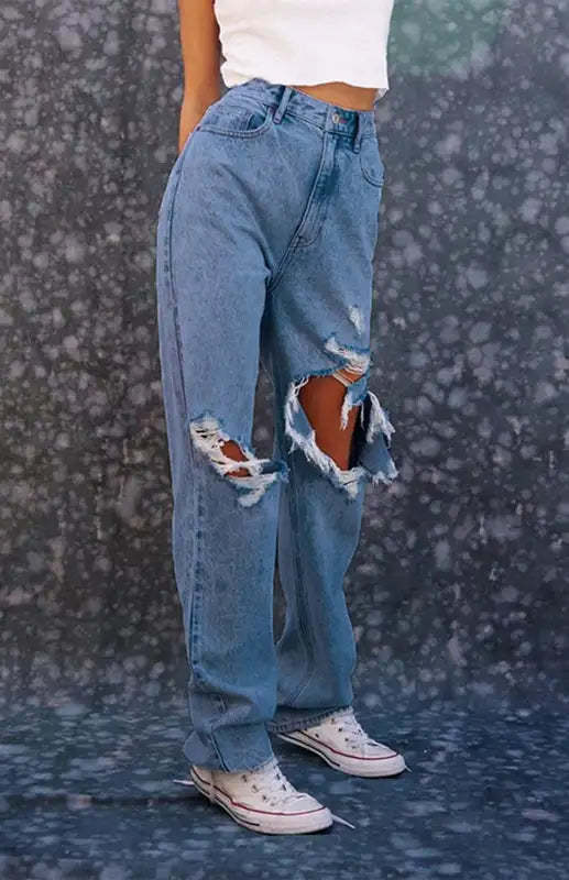 Vaqueros de pierna recta rasgados con personalidad suelta para mujer 