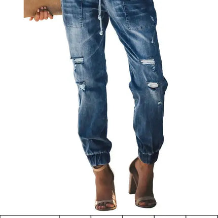 Women's Jeans With Ripped Drawstring Elastic Waist And Washed