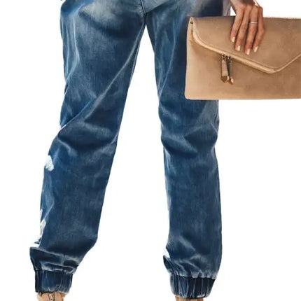 Women's Jeans With Ripped Drawstring Elastic Waist And Washed