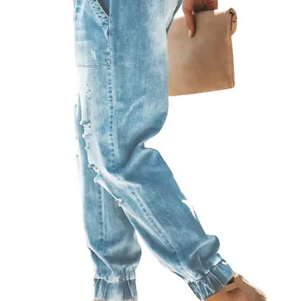 Women's Jeans With Ripped Drawstring Elastic Waist And Washed