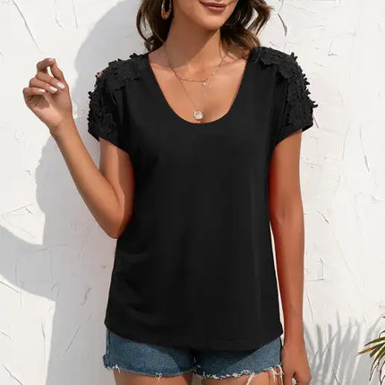 Women's Casual Lace Stitched V-Neck Pullover Short Sleeve Tops