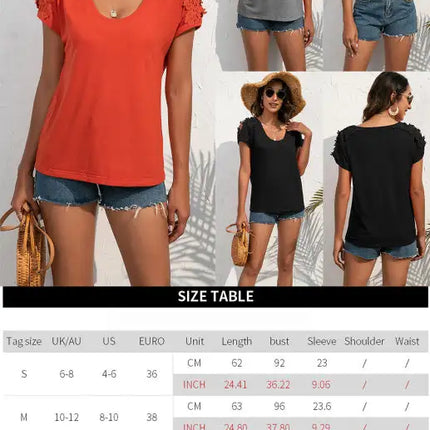 Women's Casual Lace Stitched V-Neck Pullover Short Sleeve Tops
