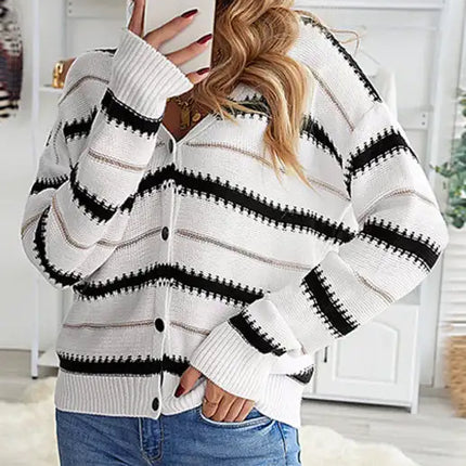 Nuevo cárdigan informal a rayas con cuello en V y manga larga para mujer 