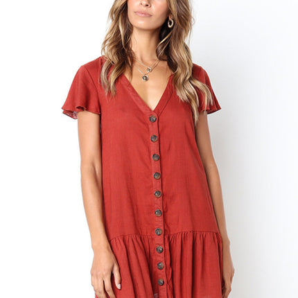 Women's V-Neck Short Sleeve A-Line Midi Dress