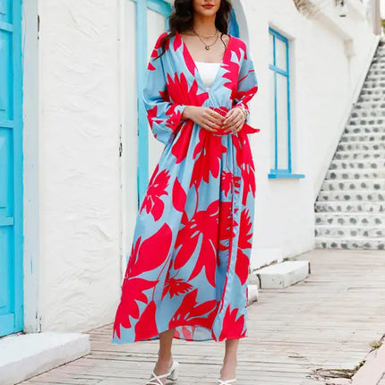 Vestido midi con abertura de gasa y estampado floral para mujer 