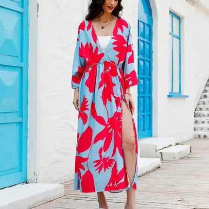 Vestido midi con abertura de gasa y estampado floral para mujer 