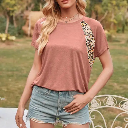 Women's Leopard Print Round Neck Raglan Short Sleeve T-Shirt