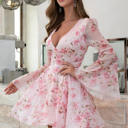 Women's Sexy V-Neck Floral Print High Waist Flared Sleeve Dress