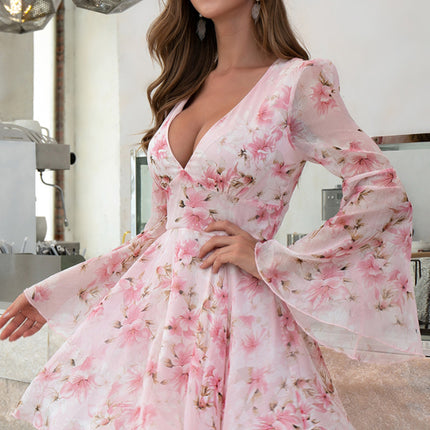 Women's Sexy V-Neck Floral Print High Waist Flared Sleeve Dress