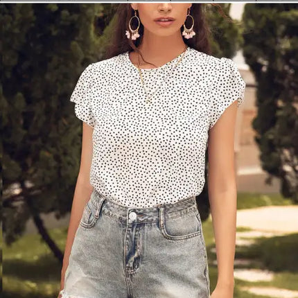 Top de manga corta con lunares florales y cuello redondo para mujer 