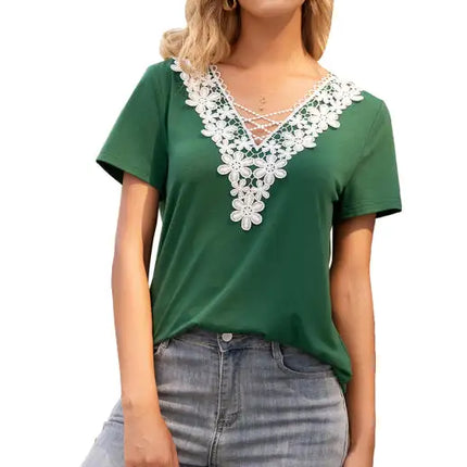 Women's Sexy Deep V Neck Cutout Lace Panel T-Shirt