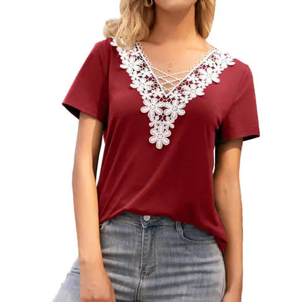 Women's Sexy Deep V Neck Cutout Lace Panel T-Shirt