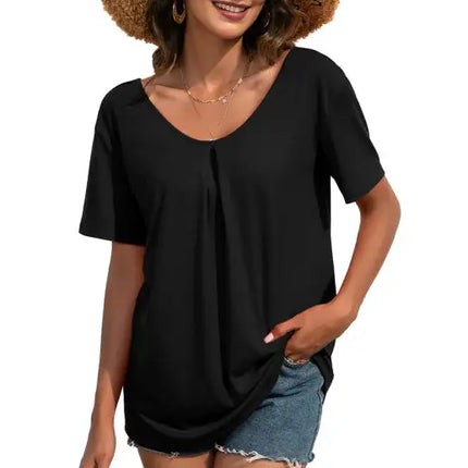 Camiseta casual de manga corta con cuello en V y encaje para mujer 