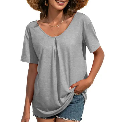 Camiseta casual de manga corta con cuello en V y encaje para mujer 