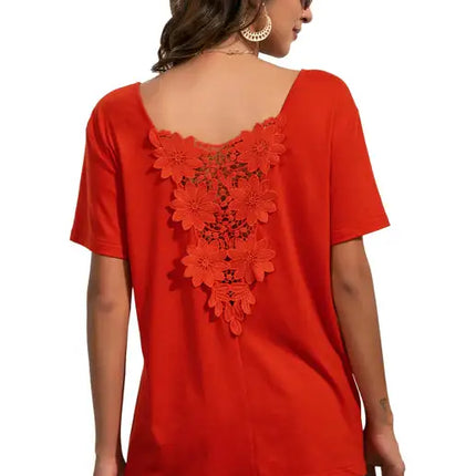 Camiseta casual de manga corta con cuello en V y encaje para mujer 