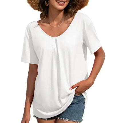 Camiseta casual de manga corta con cuello en V y encaje para mujer 