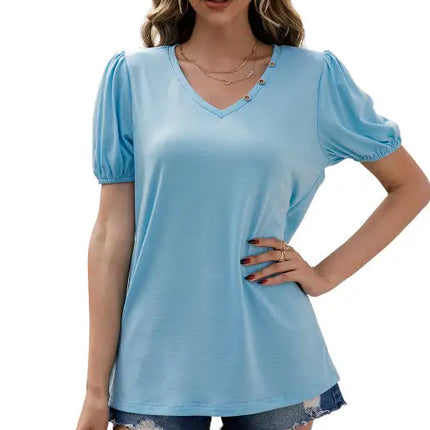 Women's Loose V-Neck Pullover Short Sleeve T-Shirt Solid Color Puff Sleeve Top