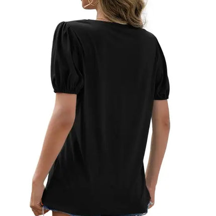 Women's Loose V-Neck Pullover Short Sleeve T-Shirt Solid Color Puff Sleeve Top