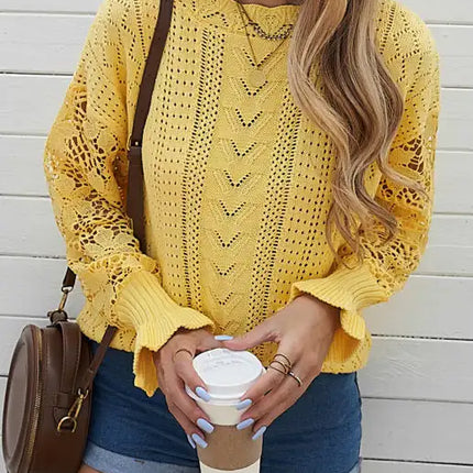 Suéter de manga larga con abertura y mangas de pétalos para mujer 