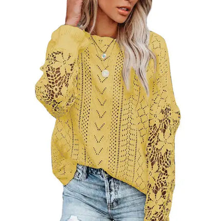 Suéter de manga larga con abertura y mangas de pétalos para mujer 