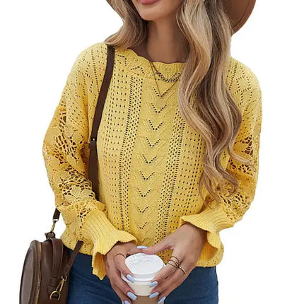 Suéter de manga larga con abertura y mangas de pétalos para mujer 