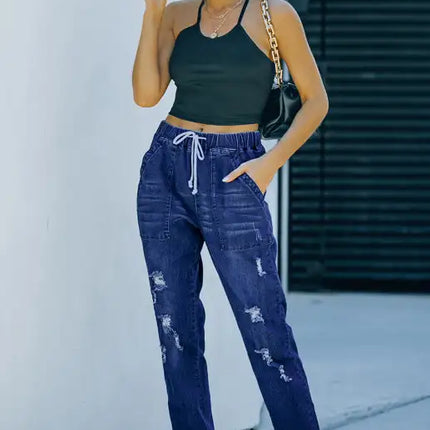 Joggers con bolsillos y cordón desgastado de ajuste relajado Vaqueros rotos 